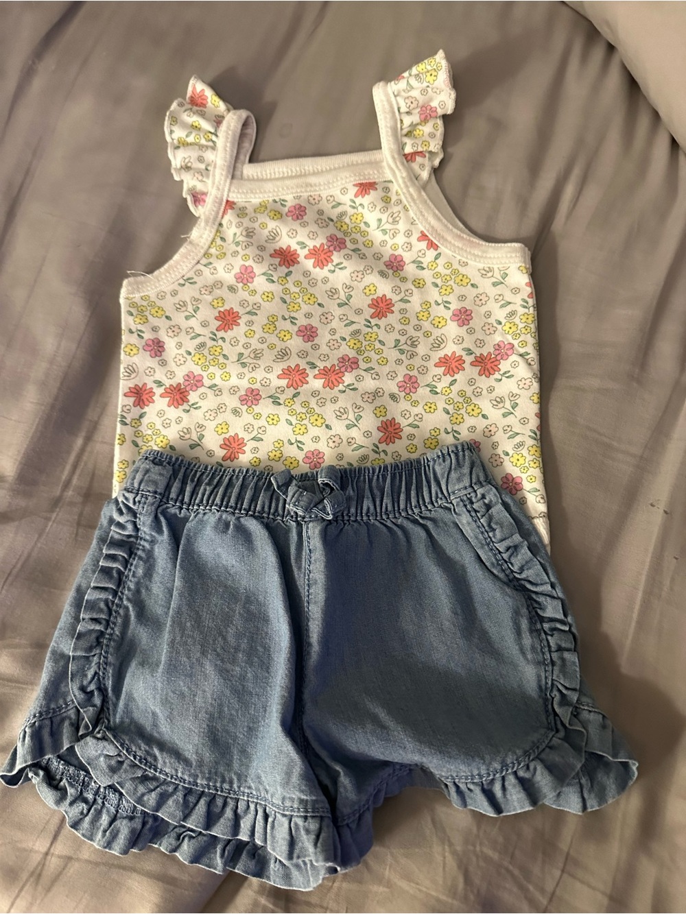Tanah Folk White Floral Tank and Light Blue Chambray Shorts Set